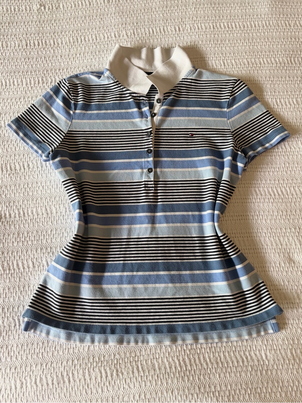 Tommy Hilfiger Striped Polo Collared Cotton Short Sleeve Knit Top - Medium